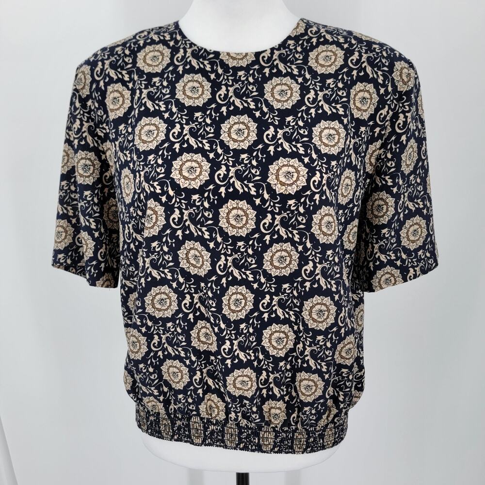 G.W. Blouse Women's 10 Blue Floral Stretch Hem Shoulder Pads Vintage